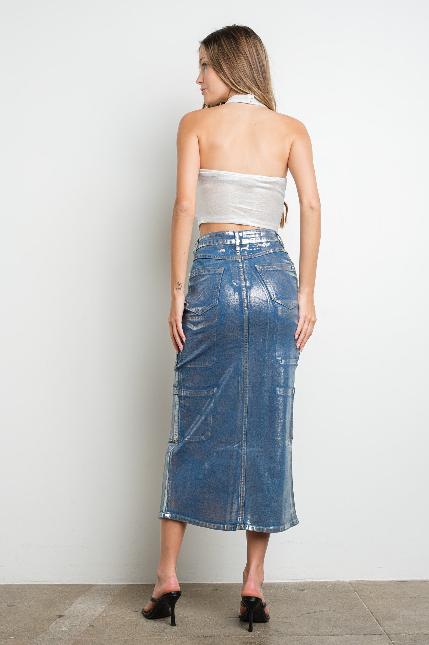Metallic Cargo Denim Skirt
