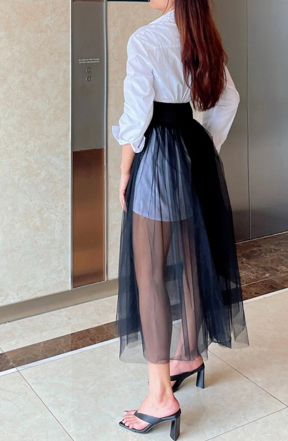 Oversized Button Up Blouse with Attached Mesh Skirt