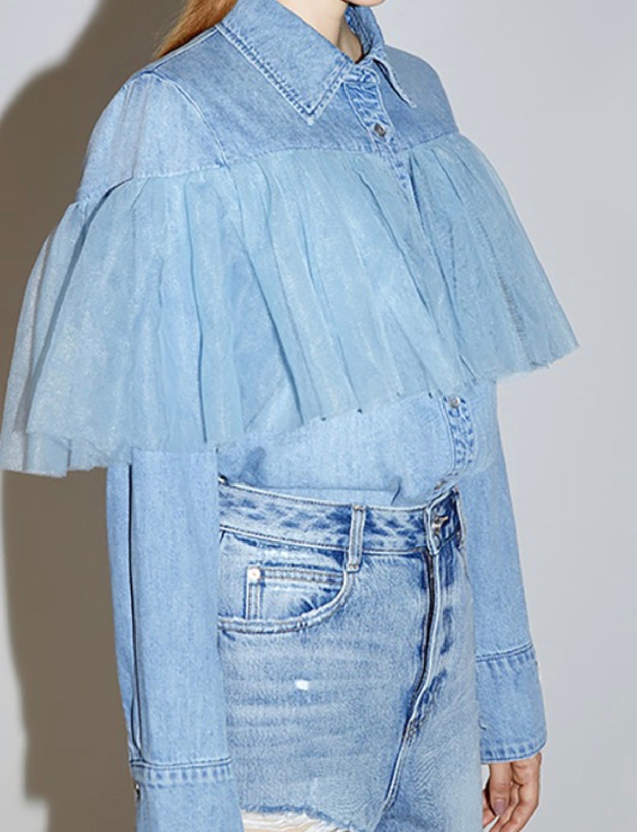 Denim Button Shirt with Tulle Detail