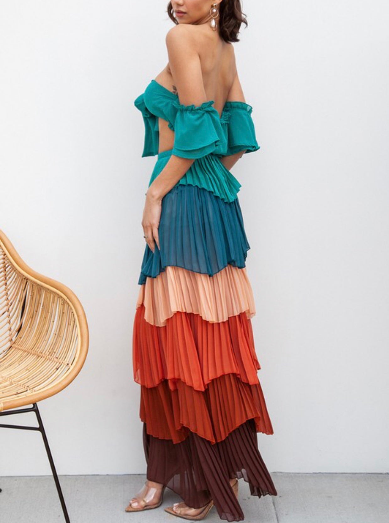 Multi Colored Pleated Tiered Skirt Set