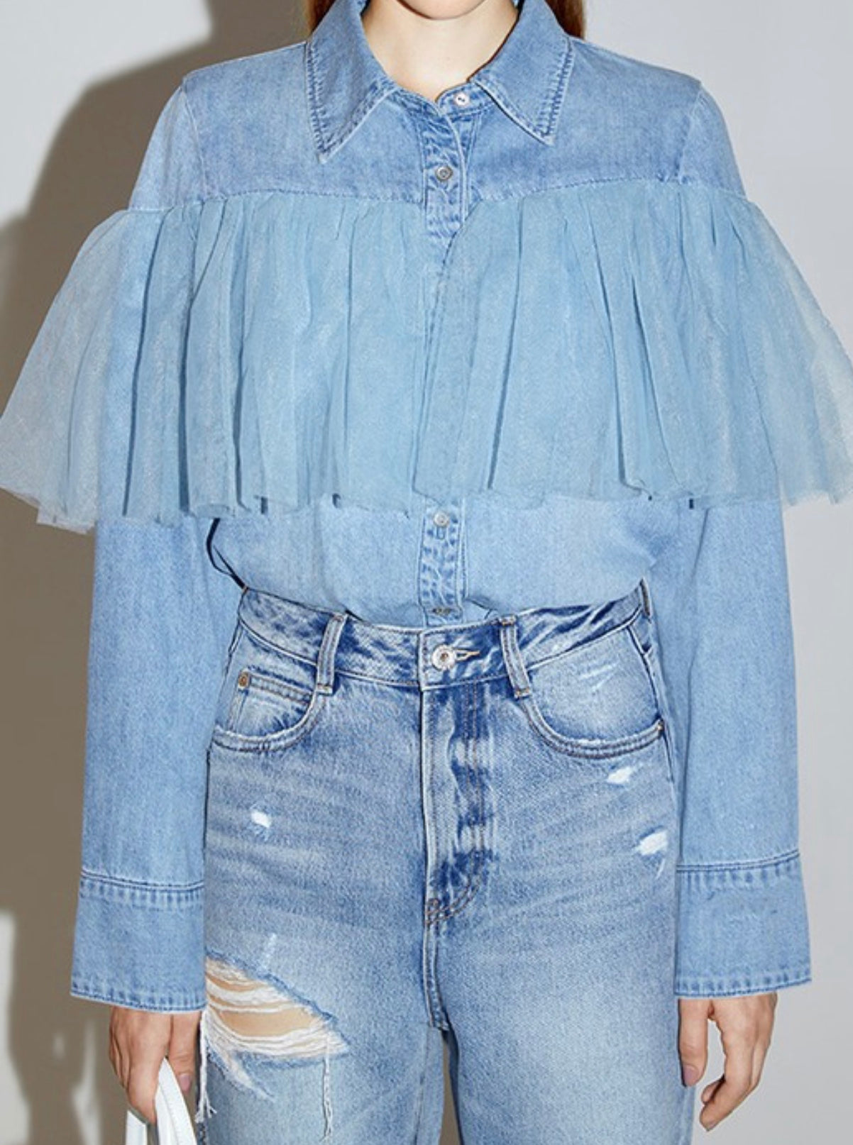 Denim Button Shirt with Tulle Detail