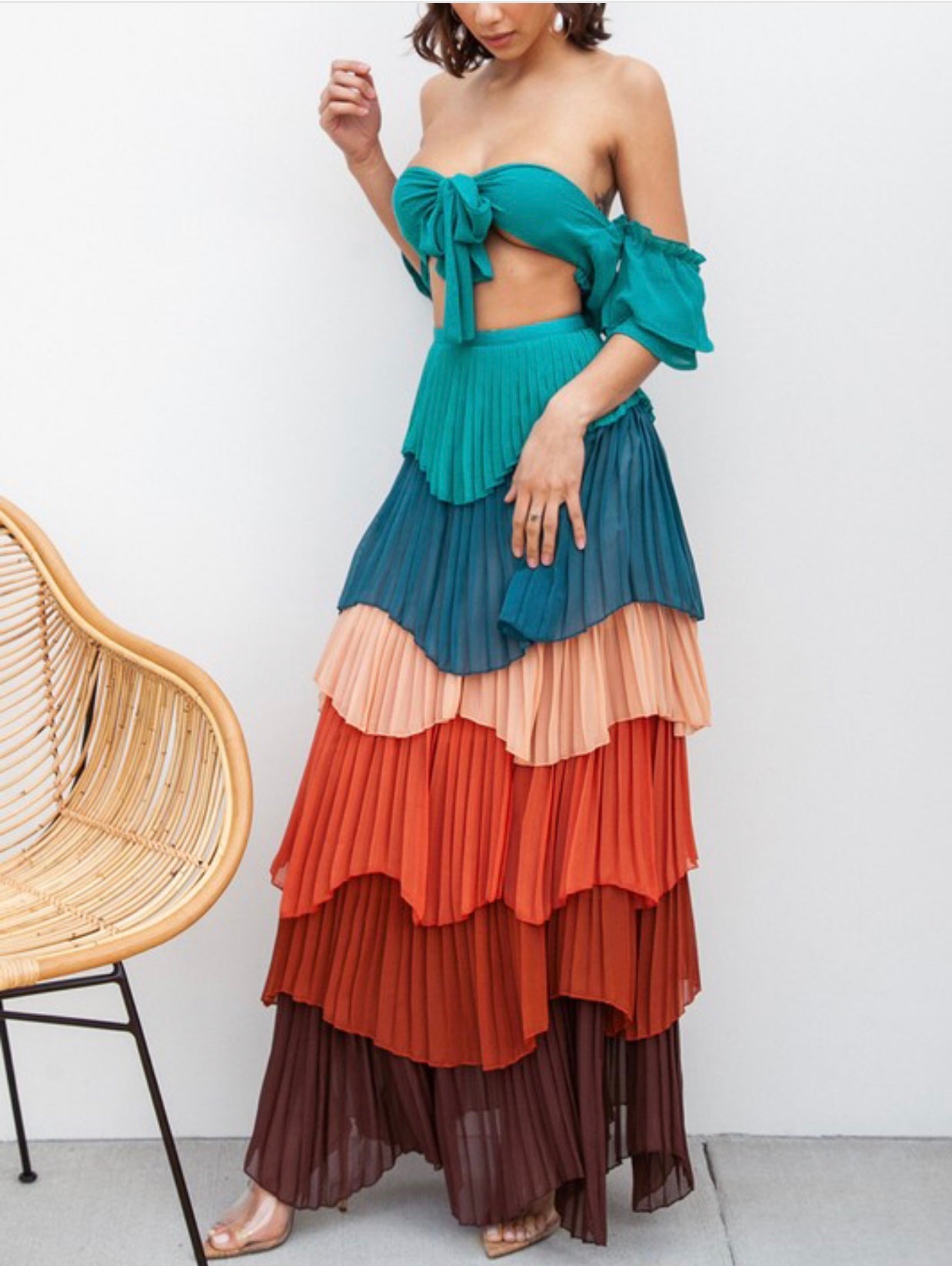 Multi Colored Pleated Tiered Skirt Set